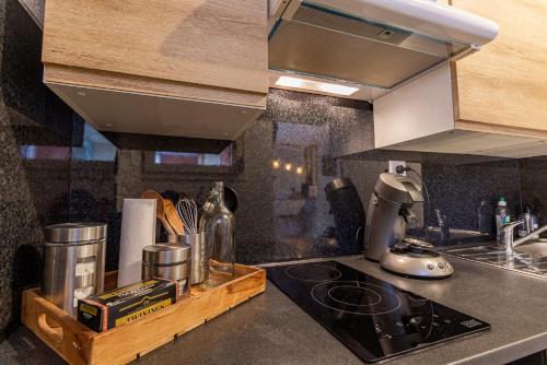 uma cozinha com um fogão e uma bancada em Studio ToulouseCityStay Blagnac em Blagnac