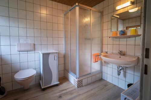 a bathroom with a shower and a toilet and a sink at Pension Villa Lockstein in Berchtesgaden