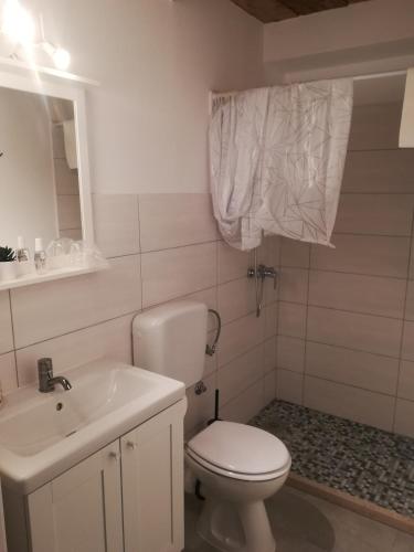 a white bathroom with a toilet and a sink at Skalameri in Kozljak