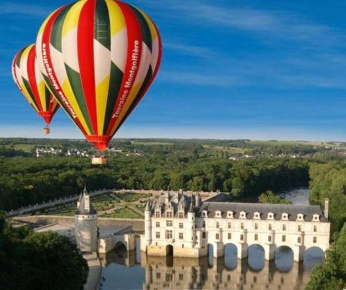 a hot air balloon flying over a castle at Bungalow charmant Onzain + Piscine in Onzain
