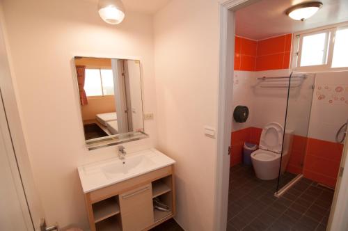 a bathroom with a sink and a toilet and a mirror at Dream Homestay in Huxi