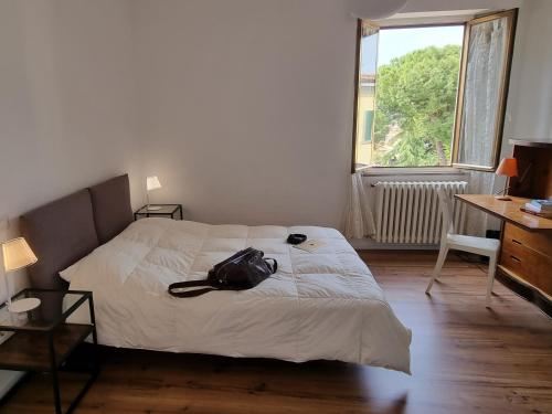 a bedroom with a bed with a backpack on it at Giulia Butterfly in Bettolle