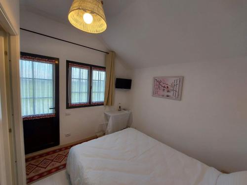 a small bedroom with a bed and a window at Roza Vânturilor in Socea