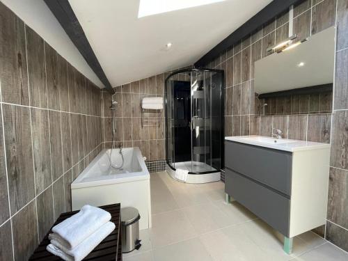 W łazience znajduje się prysznic, wanna i umywalka. w obiekcie Les Logis des Vignobles Sainte Emilion en Duplex n 1 avec terrasse w mieście Saint-Émilion