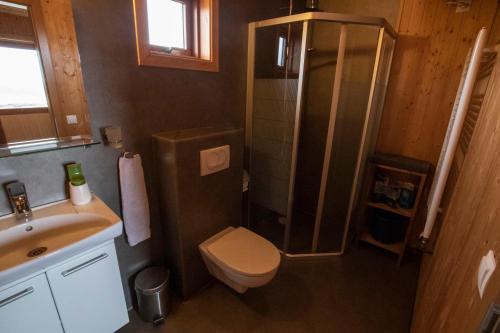 a bathroom with a shower and a toilet and a sink at Fossatún Sunset Cottage in Fossatún