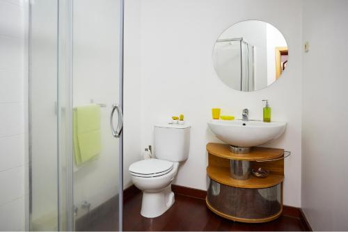 a bathroom with a toilet and a sink and a mirror at Casa da Pedra Rolada in Janeiro de Cima