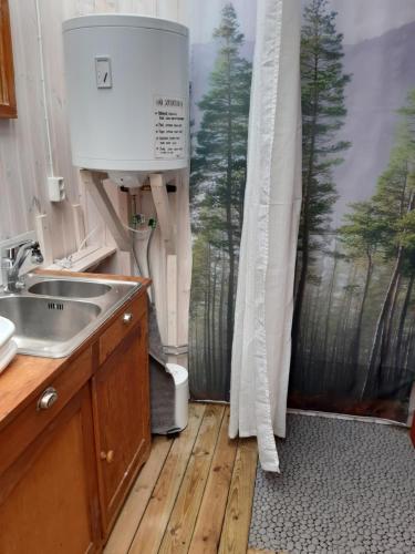uma cozinha com um lavatório e uma janela com árvores em RÖDA STUGAN PÅ SLINKEN em Sala