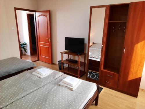 a bedroom with two beds and a tv and a mirror at Megálló Wellness Panzió in Pálháza