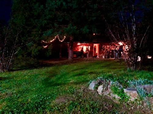 a house with christmas lights in a yard at night at Jagodinska Oaza in Jagodina