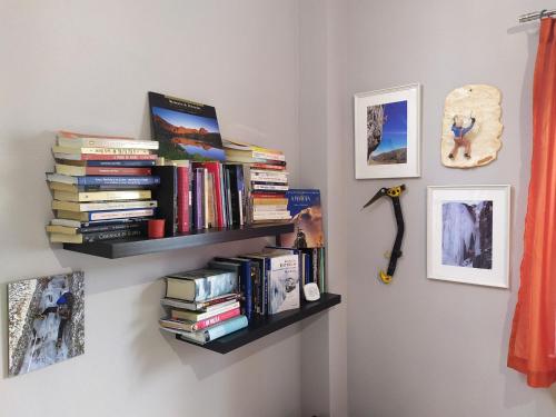 a shelf with books on a wall at Casa Mariolas in Manteigas