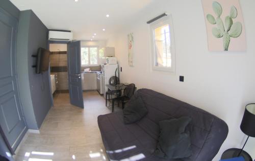 un salon avec un canapé et une cuisine dans l'établissement Studio à Porto-Vecchio chez Pierre, à Porto-Vecchio