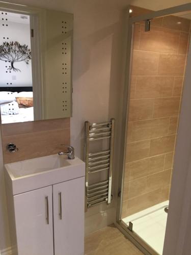 a bathroom with a shower and a sink and a mirror at Foxes Den at Foxesway in Kirkby on Bain