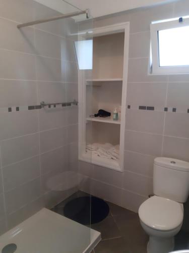 a white bathroom with a toilet and a window at Apartamentos Matur Flats 2 in Machico