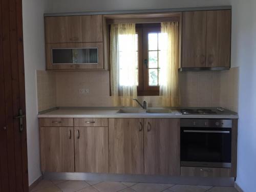 a kitchen with wooden cabinets and a sink and a window at Christina in Ágios Konstantínos
