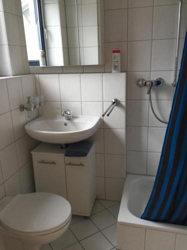 a bathroom with a sink and a toilet and a shower at Kleine Wohnung mit Terrasse in Dülmen