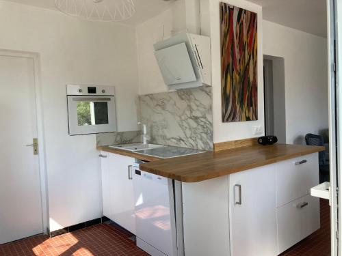 een keuken met witte kasten, een spoelbak en een magnetron bij Maison Avec jardin clôturé in LʼIsle-sur-la-Sorgue