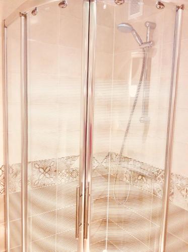 une douche dans une salle de bain avec une porte vitrée dans l'établissement Coté Plage - Magnifique Appartement de charme à Trouville sur Mer - Linge - Lit fait - Parking - WIFI - Classé par l'office du tourisme, à Trouville-sur-Mer