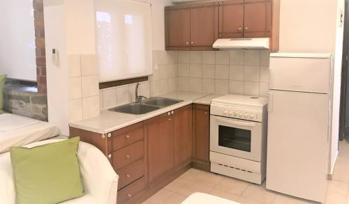 a small kitchen with a sink and a refrigerator at Amaryllis House in Platamonas