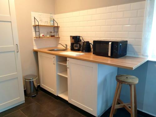 a kitchen with a counter with a microwave and a sink at Oleander Hof in Hochstadt