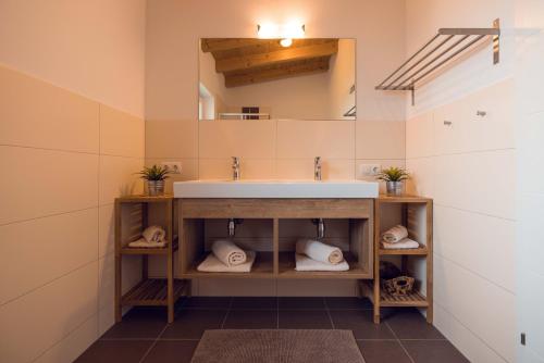 łazienka z umywalką i lustrem w obiekcie Chalet Arena w mieście Zell am Ziller