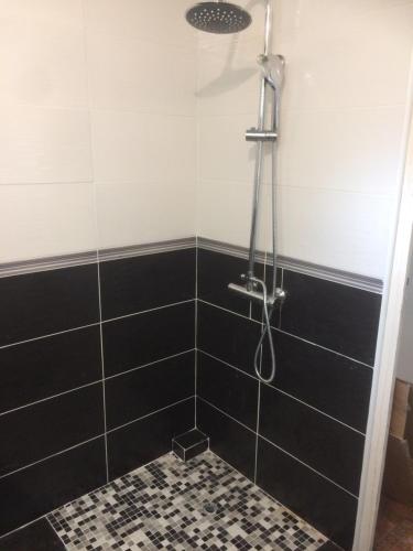 La salle de bains est pourvue d'une douche avec du carrelage noir. dans l'établissement Maison Marylène ici c'est calme et simple lire chose à savoir taxes hausses entretien etc, à Givry