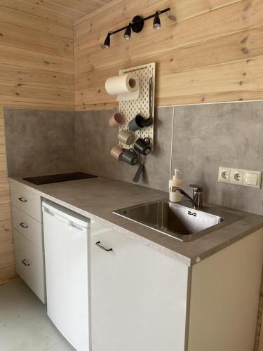 a kitchen with a sink and a counter top at 2bedroom house in Mērsrags