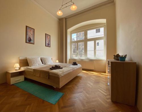 Un dormitorio con una cama grande y una ventana en Luxury Vincents Apartments Kosice, en Košice