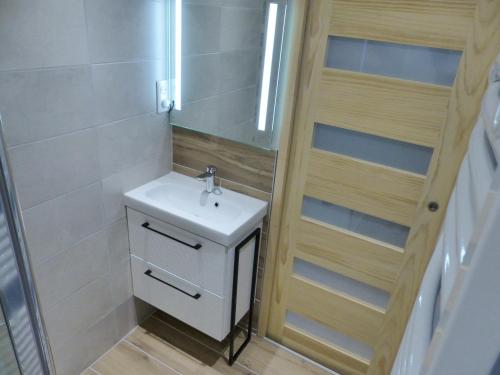 une salle de bain avec un lavabo blanc et une douche dans l'établissement Appartement 4 Personnes Vue Sur L ocean- Residence Les Terrasses De La Dune, à Capbreton