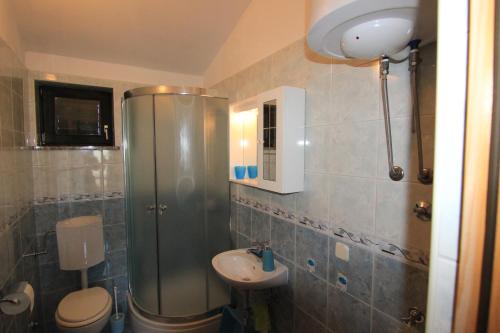 a bathroom with a shower and a toilet and a sink at Apartments Gladiola Nin in Nin