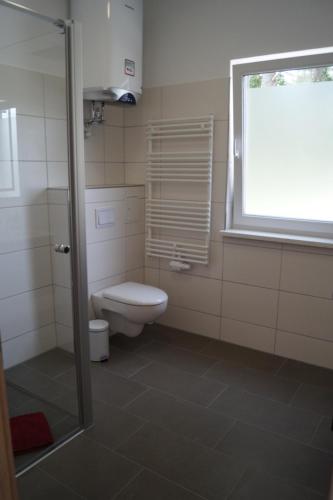 a bathroom with a toilet and a window at Seeoase Lychen in Lychen
