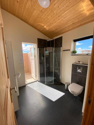 a bathroom with a shower and a toilet and a sink at Blue View Cabin 1A With private hot tub in Reykholt