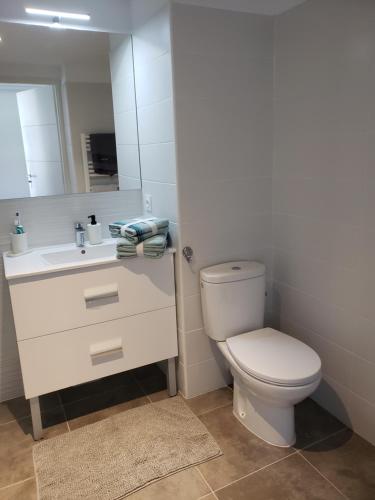La salle de bains est pourvue de toilettes, d'un lavabo et d'un miroir. dans l'établissement Appt T2 neuf avec piscine Le Lac, à Puget-sur Argens