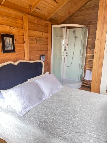 een slaapkamer met een bed en een douche in een kamer bij Cabañas Villa Isabel in Cajicá