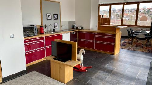 a kitchen with red cabinets and a flat screen tv at Alb Lodge in Gomadingen
