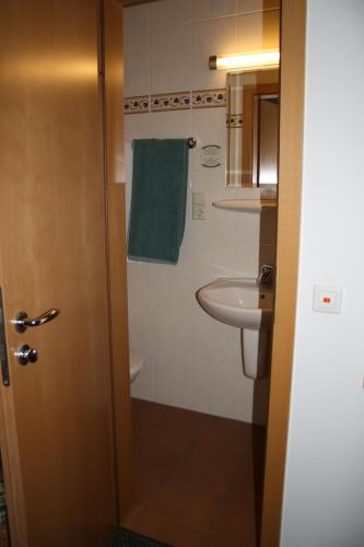 a small bathroom with a sink and a toilet at Weingut Goeres in Briedel