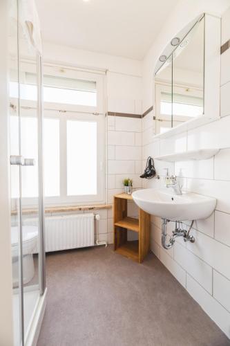 a bathroom with a sink and a mirror at Skerra Apartments "am Fitness-Studio" in Fehmarn