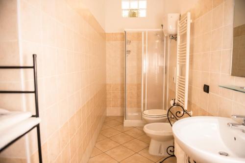 a bathroom with a toilet and a sink and a shower at Agriturismo Stovali Da Lustrinu in Protte