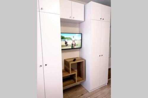 um quarto com armários brancos e uma televisão na parede em Квартира студия посуточно Южный вокзал 5 минут em Kharkov
