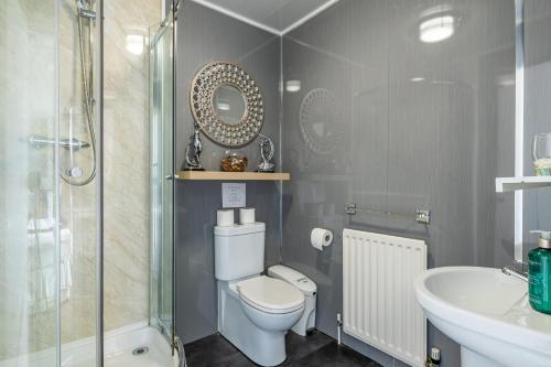a bathroom with a toilet and a sink and a shower at Fox & Hound Hotel in Guisborough