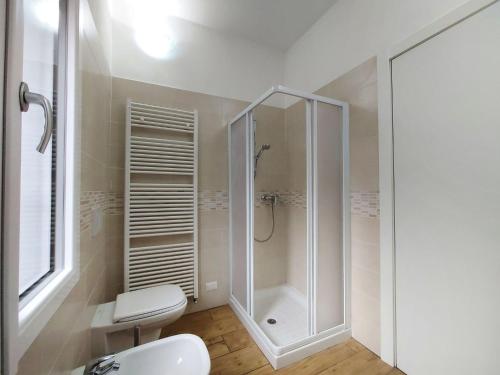 a white bathroom with a shower and a toilet at Apartment Minú by Interhome in Porlezza