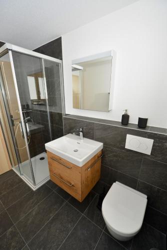 a bathroom with a toilet and a sink and a shower at Alpen-Park 2. Stock West in Riederalp