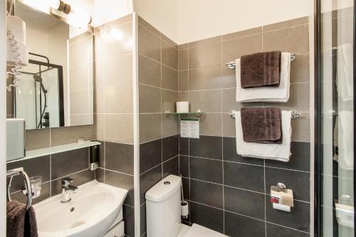 a bathroom with a toilet and a sink and a mirror at Hôtel de Charme Le Provence in Salon-de-Provence