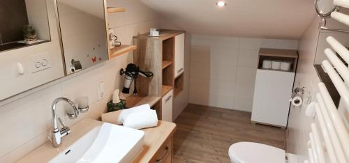 ein Badezimmer mit Waschbecken und Toilette in der Unterkunft Frühstückspension Knappaschneider in Prägraten