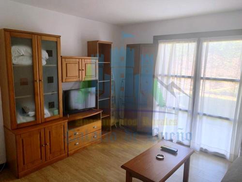 a living room with a entertainment center and a tv at Apartamentos Palacio Bueño in Colunga