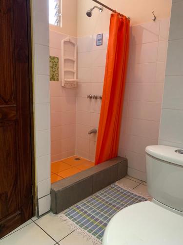a bathroom with a toilet and a shower curtain at Casa de Lis Hotel & Tourist Info Centre in Turrialba