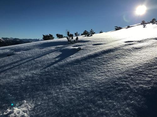 a group of people walking down a snow covered slope at Ferienlodge Edelstein in Forstau