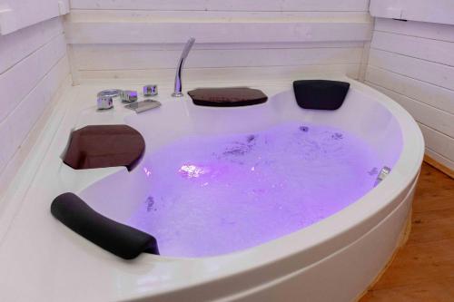 La salle de bains est pourvue d'une baignoire remplie d'eau violette. dans l'établissement La Perla del Doge con Wellness & Spa uso esclusivo - La Perla Apartments, à Venise