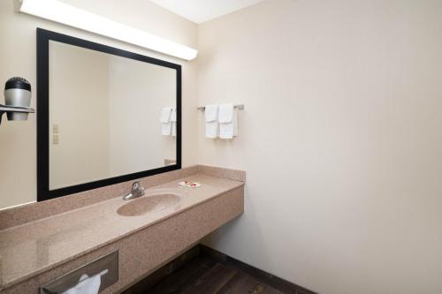 a bathroom with a sink and a large mirror at Super 8 by Wyndham Cleveland in Cleveland