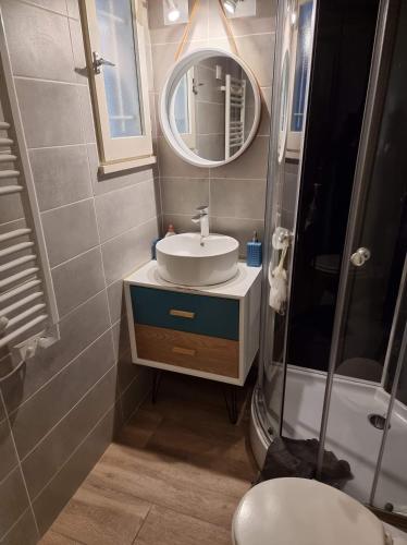 une salle de bain avec un lavabo et un miroir dans l'établissement logis 149, à Gruissan