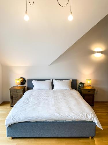 a bedroom with a large bed with two night stands at Lakeview Villa Bled in Bled